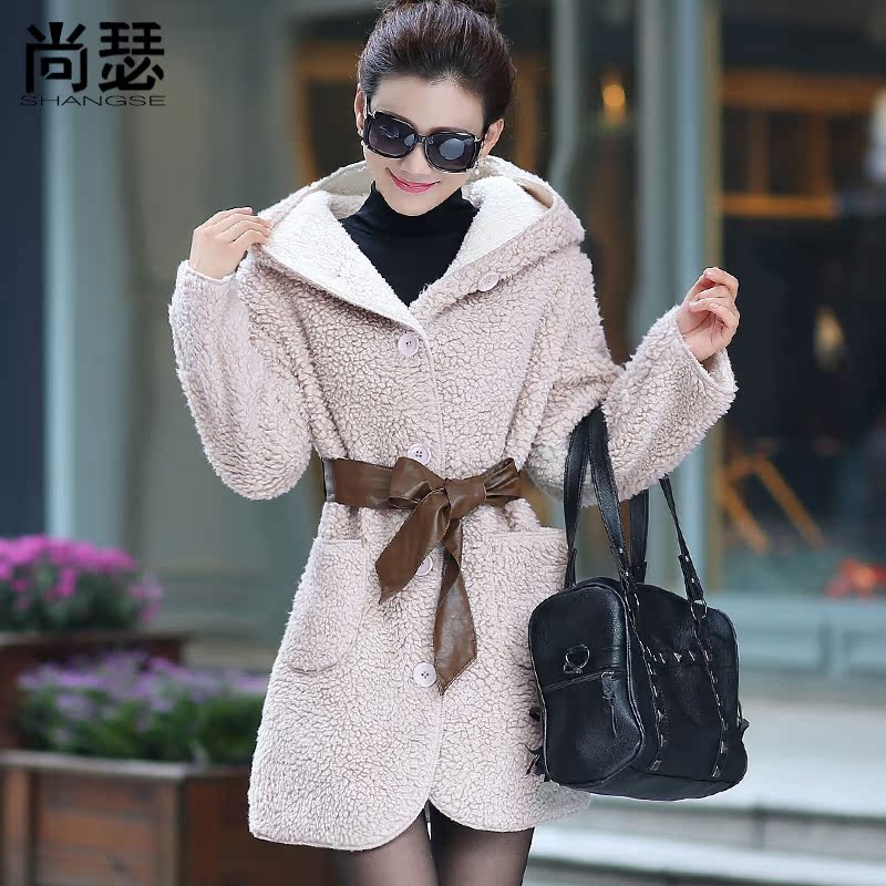 棉服女中长款2014韩版系带加厚保暖大码羊羔毛外套冬装外套棉衣女