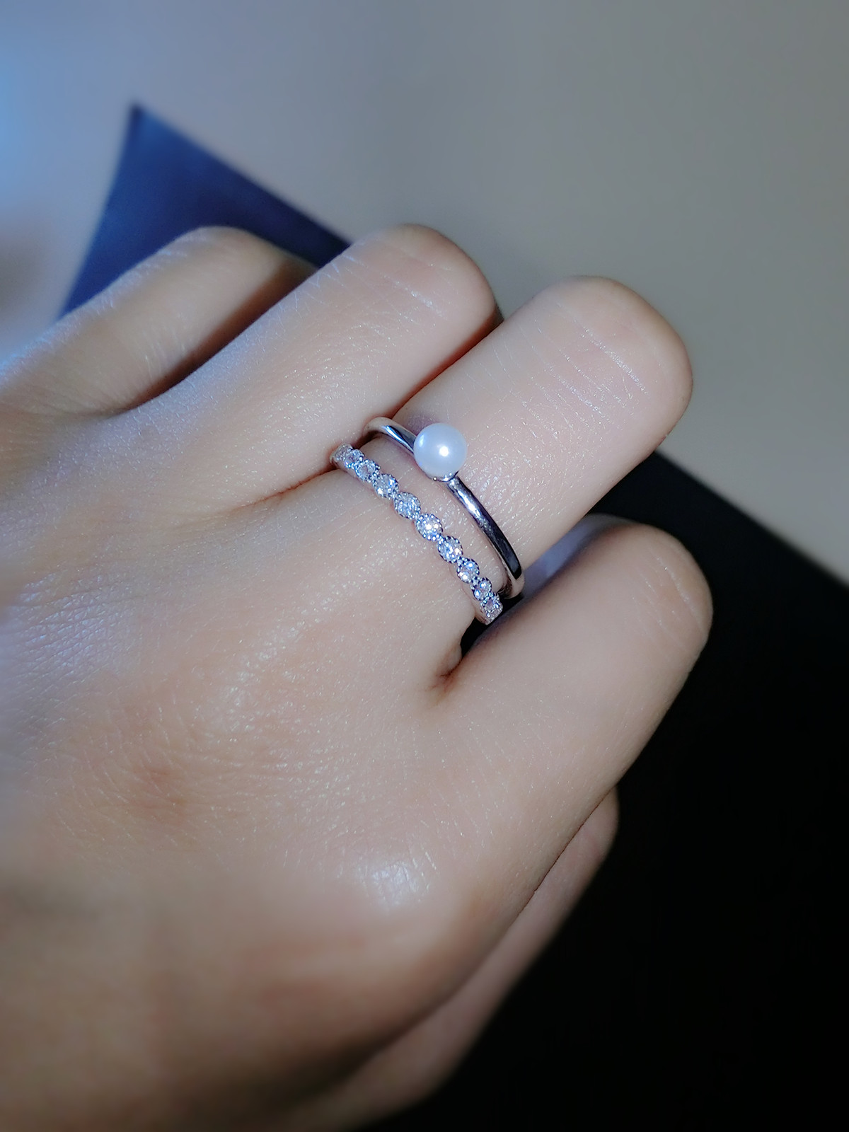 韩国现货 纯银925珍珠 单圈钻 组合 戒指 指环
