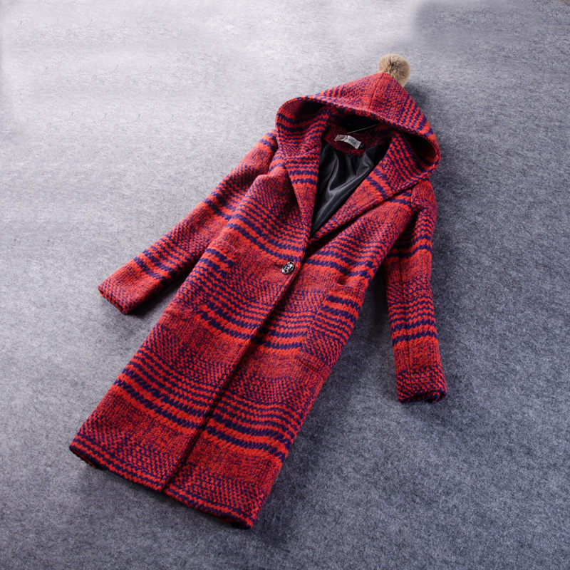 2015冬季新款 欧美街头时尚长款大衣 大码休闲显瘦连帽毛呢子外套