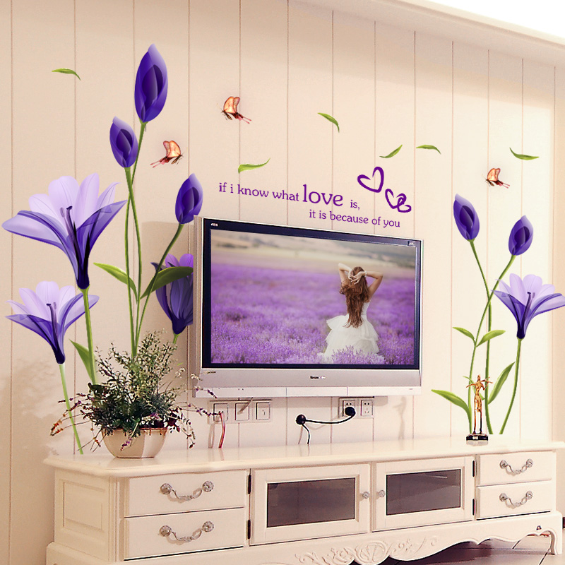 紫色百合花墙画卧室床头温馨浪漫墙纸客厅电视墙画壁墙上装饰包邮