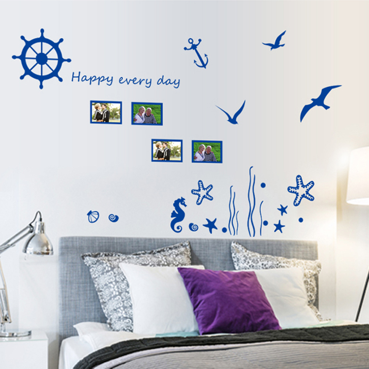 可移除宝宝房间装饰儿童照片墙贴 简约地中海风格蓝色客厅贴纸