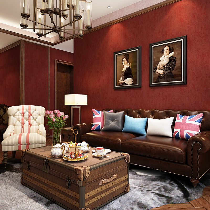 美式复古做旧酒红素色纯色墙纸书房背景客厅卧室无纺布壁纸