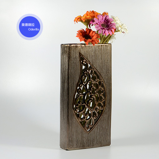 后现代中式简约风格 镂空金属陶瓷拉丝长方形花瓶花器 家居装饰品
