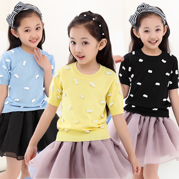 2015春夏新款韩版女童装儿童短袖毛衣针织衫羊绒混纺钉珠潮品