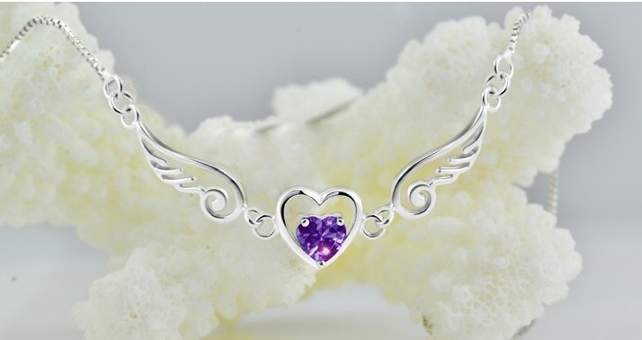 天使之翼恋人925纯银爱心项链 手链女款天然紫水晶女项链 手链