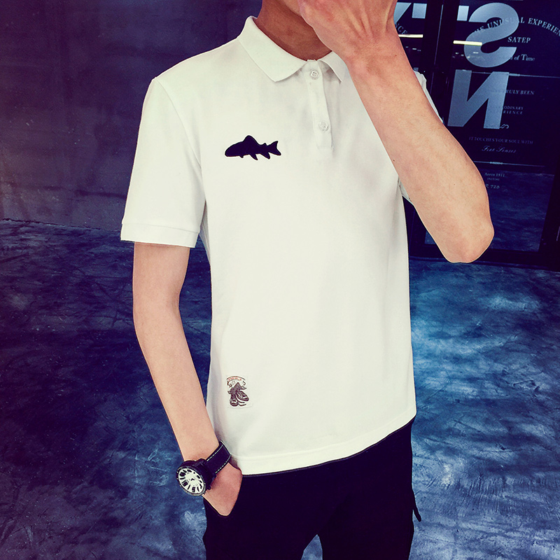 夏季新款男装日系原创T恤男士小鲨鱼绣花纯棉弹力修身短袖POLO衫