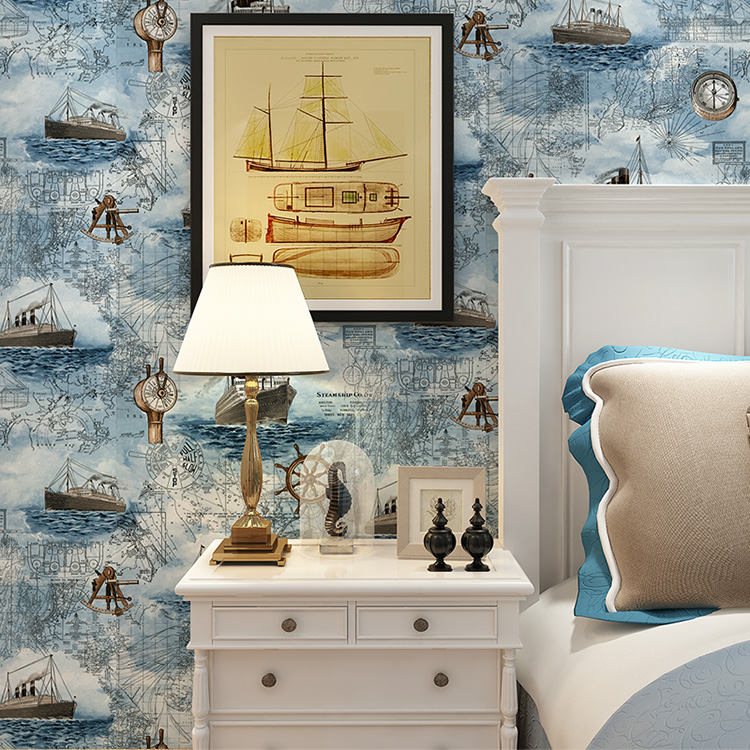 地中海怀旧复古指南针航海图墙纸  儿童卧室客厅沙发背景壁纸包邮