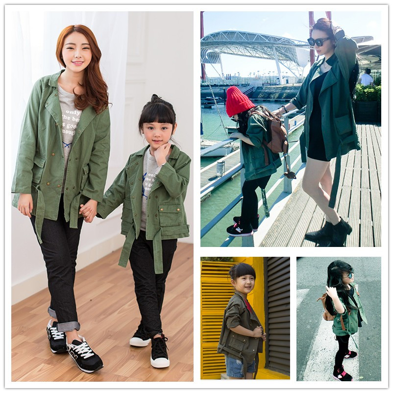 亲子装2015秋季新款韩版军绿色双排风衣外套复古酷炫母子装母女装