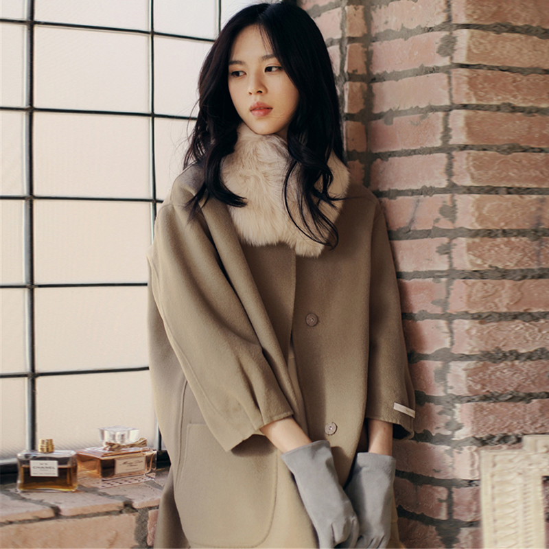 韩国AR2015秋冬装新款女装韩版七分袖廓形宽松茧型毛呢外套大衣女
