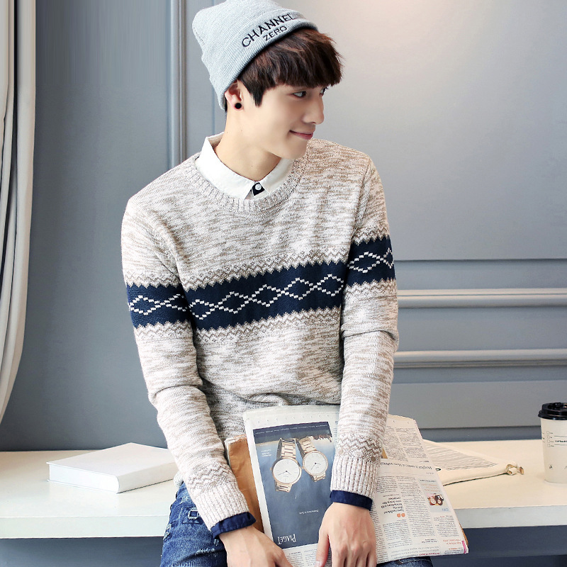 2015秋冬装男士针织衫韩版几何图案提花圆领套头毛衣外套青年男潮