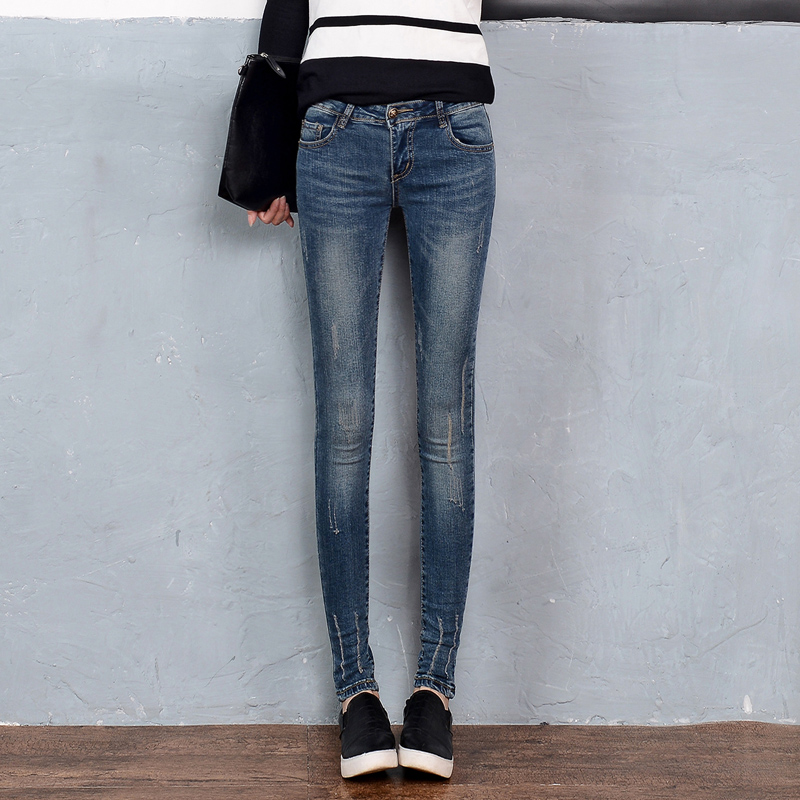2015秋季新品韩版牛仔裤女铅笔裤显瘦长裤磨白猫爪紧身个性小脚裤