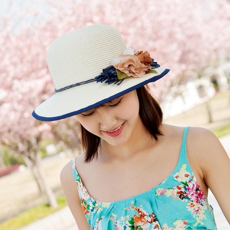 2015新款花朵草帽 女士渔夫帽夏季沙滩帽盆帽 遮阳帽太阳帽可折叠
