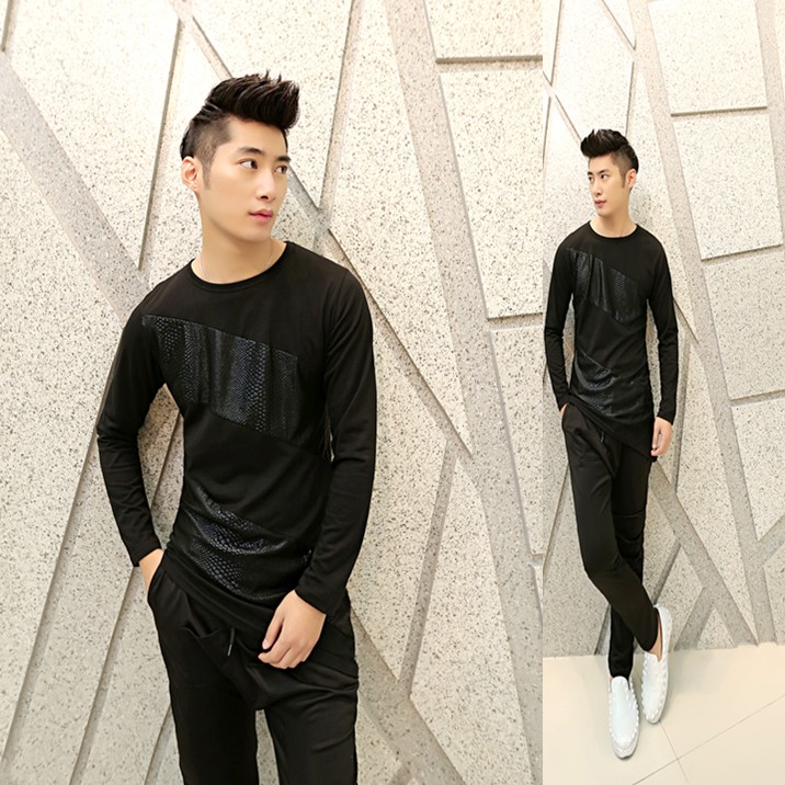 新款韩版个性修身型长袖T恤 青春流行套头针织衫拼料男式舞蹈T恤