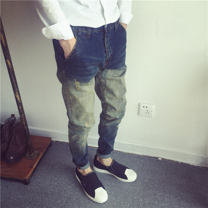 新款原创渐变色日系复古风牛仔裤韩国版修身个性做旧男士小脚裤潮