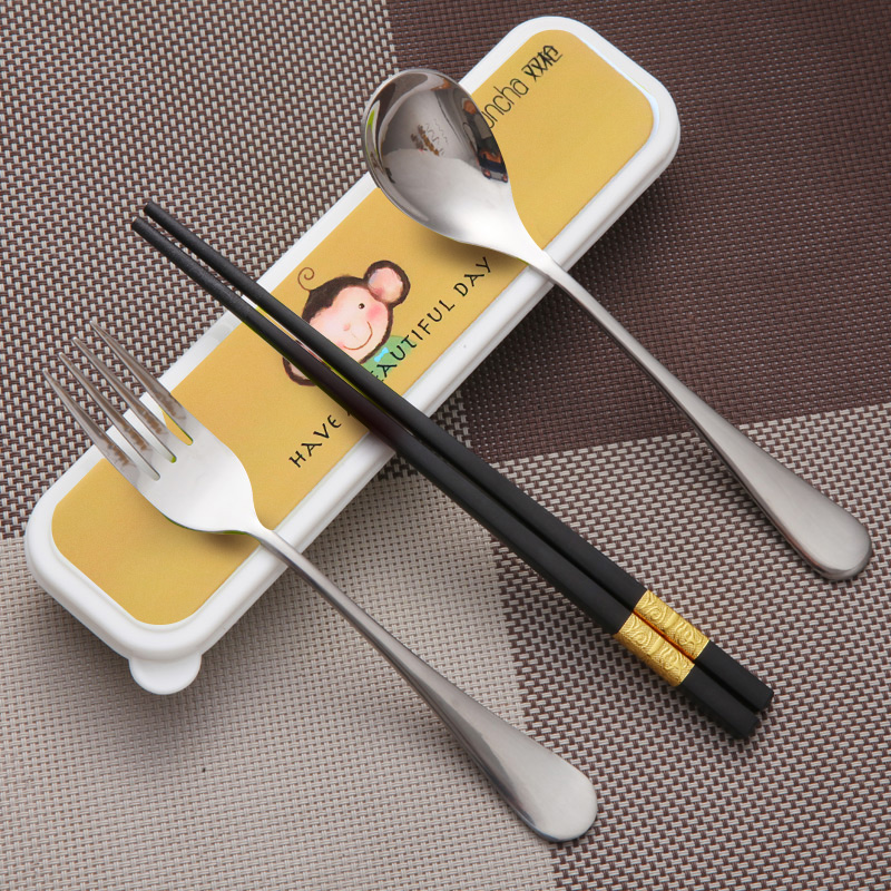 双枪旅行学生合金便携式餐具盒三件套不锈钢筷子勺子套装便携筷子