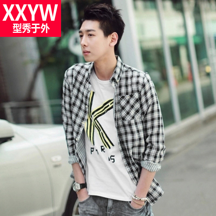 韩国代购男装时尚起义苏浩2015春装新款韩版男士格子衬衫长袖衬衣
