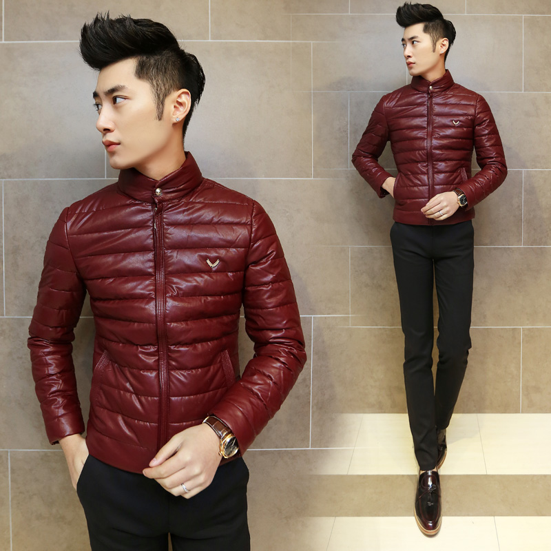 麦穗金属装饰男士韩版修身立领棉衣 酒红 W4352