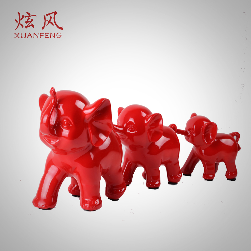 工艺品红色吉祥三宝大象摆件 三连象创意生日结婚礼物 家居饰品