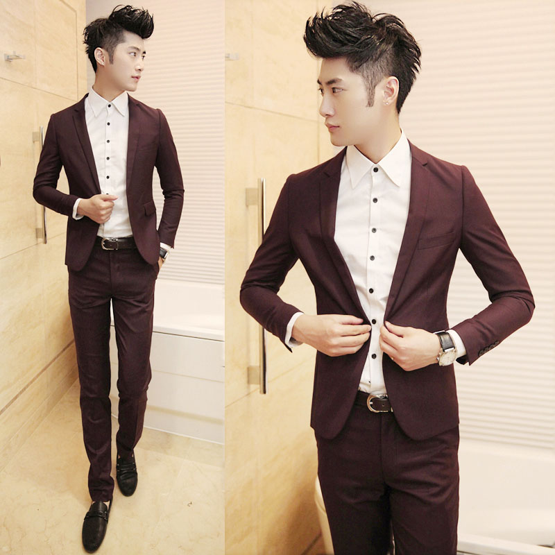 2014春装 韩版男士修身西装新郎装 伴郎装 单粒扣单开衩 酒红外套