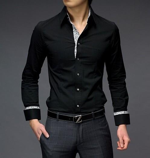 特价新款韩版修身衬衫男士浅蓝色棉质黑色收腰贴布衬衣中国风165