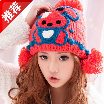 韩版女冬天小兔可爱晴纶毛线帽护耳球球帽卡通针织毛绒帽子