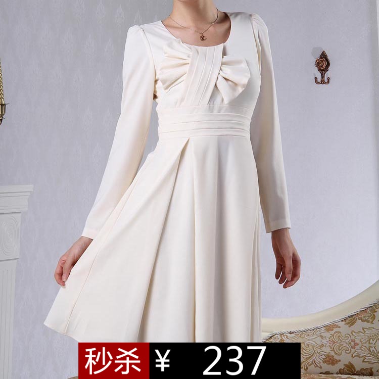 预售 黛芮丝2013春季 绝美韩版蝴蝶结长袖修身雪纺连衣裙D123033L