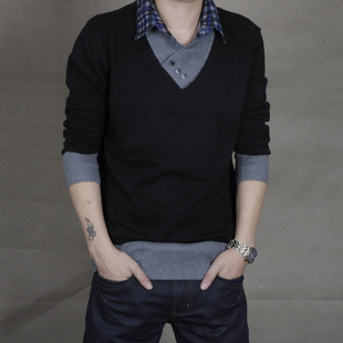 2012新款衬衫领假两件韩版修身时尚纽扣男士毛衣修身线衣杰克琼斯