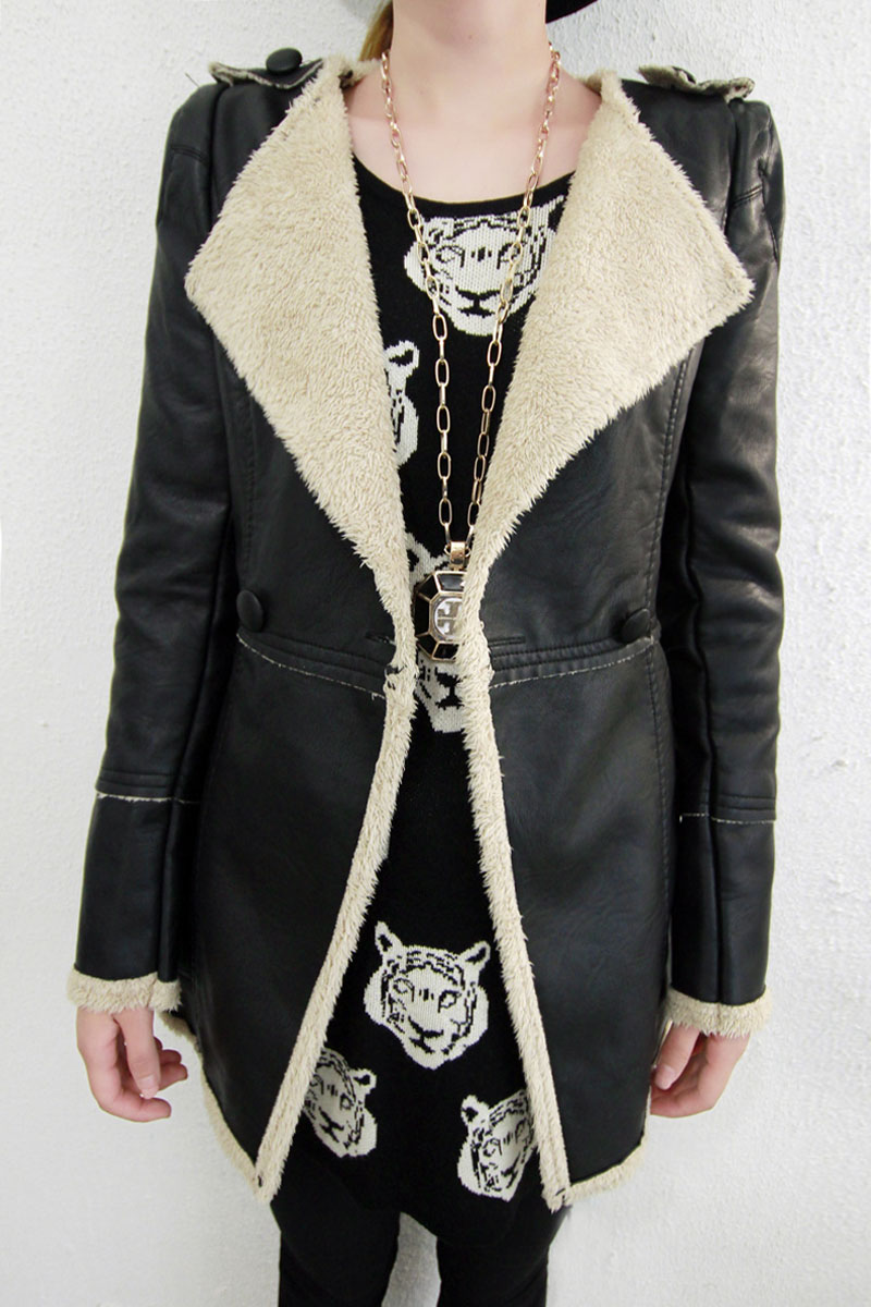 2013秋冬季新款女装欧美大牌中长款皮衣 羊羔毛PU皮外套C1095
