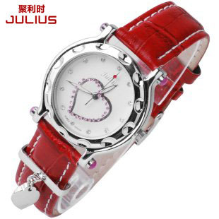 Julius正品 个性韩版女表 红色手表 皮带表 时尚女士手表 水钻表