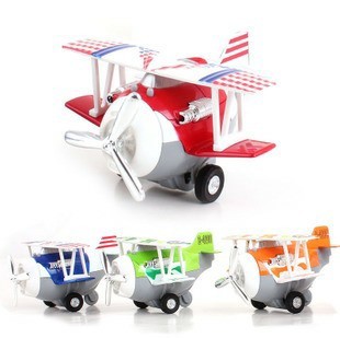 合金小飞机卡通版螺旋浆双翼教练机声光合金回力飞机模型儿童玩具