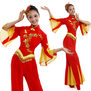 2013新款服装演出红色表演服女民族扇子腰鼓舞蹈服特价夏季秧歌