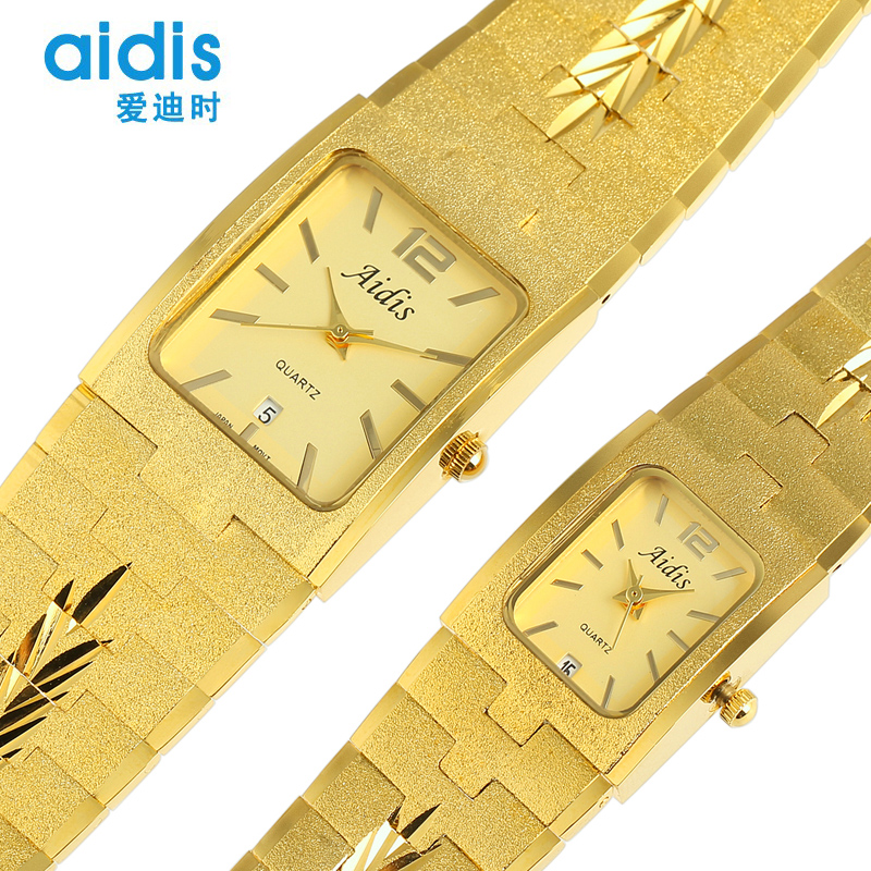 正品金色经典情侣手表磨砂面男士女士时装手表日历复古腕表金表