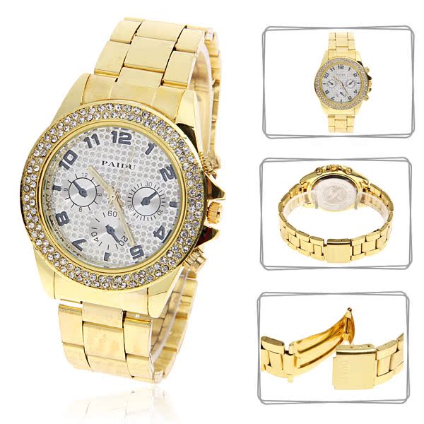 韩版时尚大表盘手表满钻表仿三眼黄金色手表休闲手表男士三件包邮
