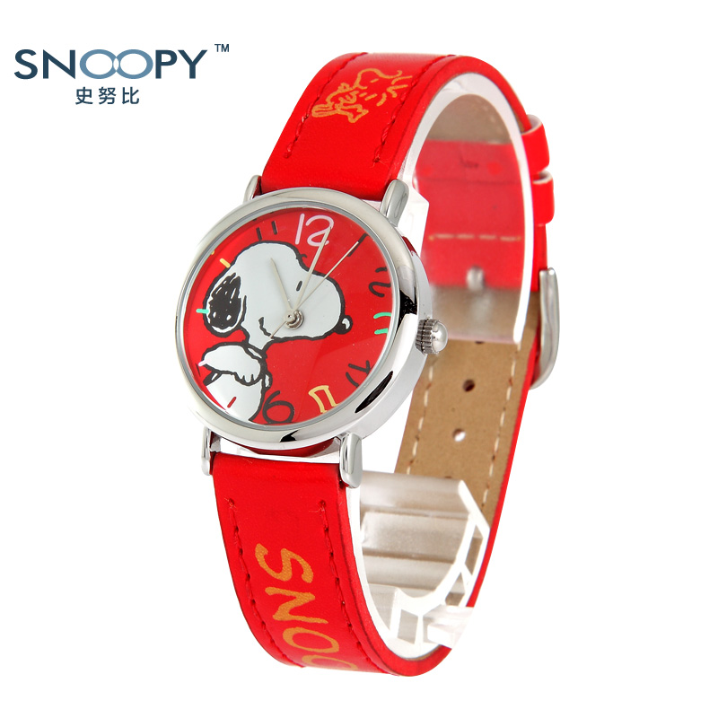 snoopy史努比学生手表女表 红色时尚防水手表 品牌皮革手表 包邮