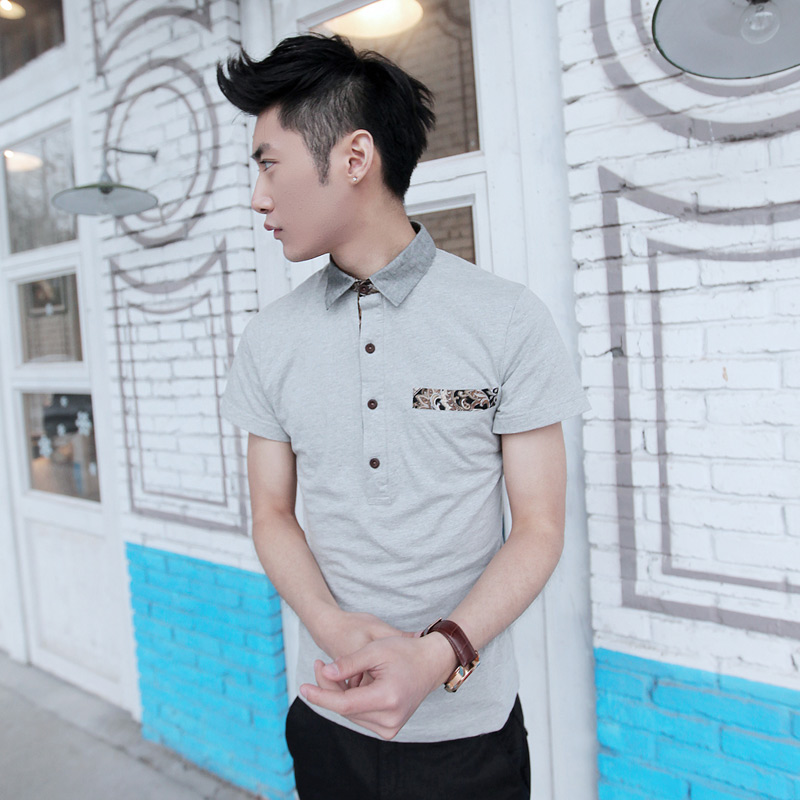 日韩时尚男士修身短袖POLO衫男装休闲青年个性型灰色常规贴布棉质