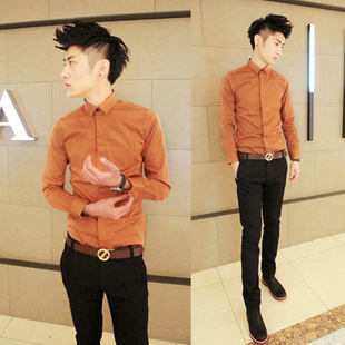 13秋装新款橘色男士修身长袖衬衫品质英伦风韩版气质休闲长袖衬衣