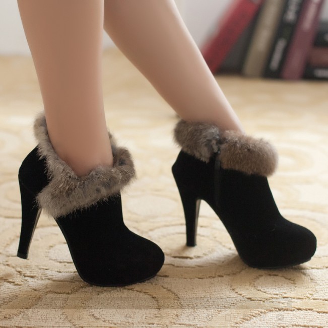 2014新款韩版女鞋子真兔毛短靴英伦尖头超高跟绒面细跟女靴子