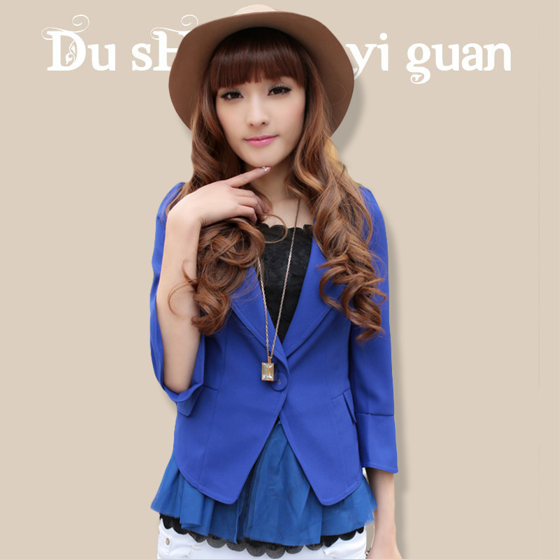 2013春季女装西服韩版喇叭袖七分袖一粒扣肩章蕾丝拼接小西装外套