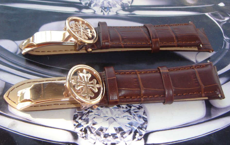 手表配件 百达翡丽表带替代 20mm棕色皮带玫瑰金扣