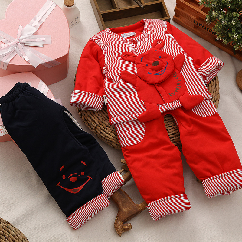 偶园婴儿衣服新生儿纯棉卡通小熊男童保暖套装棉衣背带裤童装红色