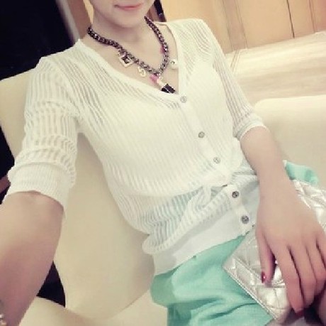 2014夏季新款韩版开衫竖条纹透视女装中袖针织衫镂空防晒衫女小衫
