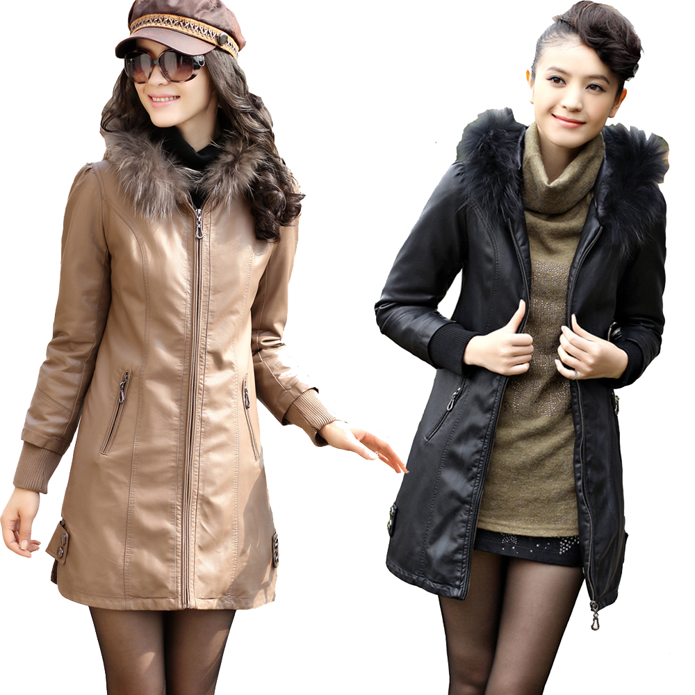 2011新款女装 韩版带毛领毛线帽 中长款加棉加厚皮衣 修身皮大衣