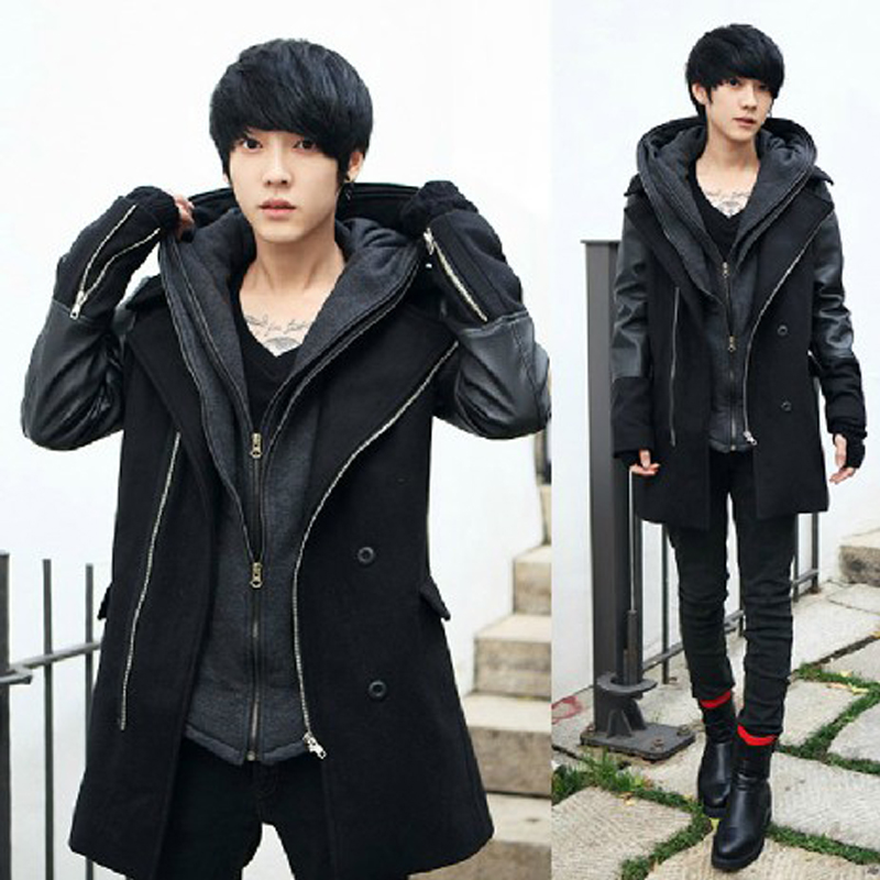 冬装新款韩版潮个性拼皮夹克 呢外套西装领商务休闲青春流行男士
