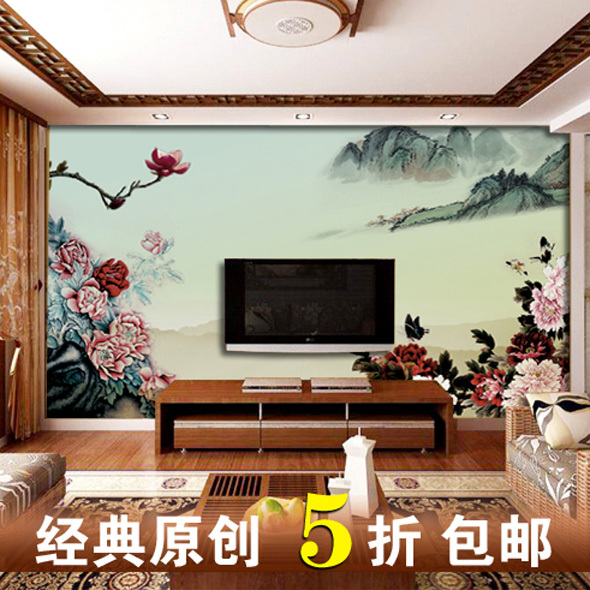 中式电视背景墙纸壁纸 电视墙 背景大型壁画影视墙 (花开富贵)