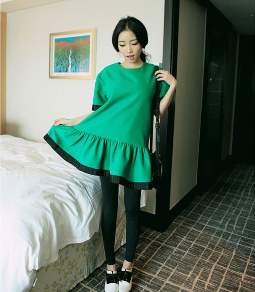 stylenanda同款连衣裙 韩国代购墨绿色短袖丝带拼接荷叶边短裙子