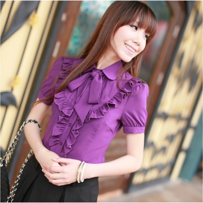 2012夏装新款韩版修身荷叶边蝴蝶结显气质雪纺短袖女式衬衫大码