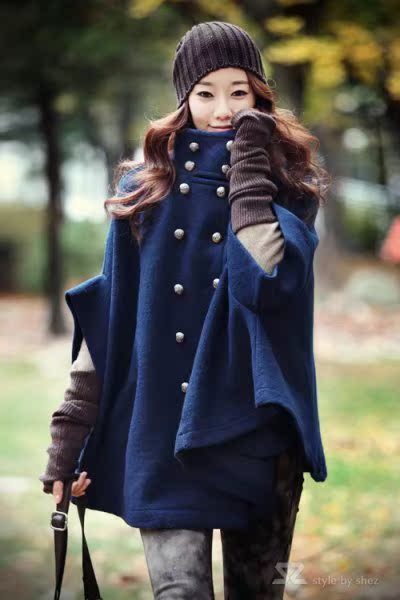 韩国蝙蝠袖蓝色双排扣斗篷大衣长款外套休闲大码女装风衣