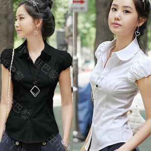 2011新款韩版淑女气质纯棉泡泡袖时尚百搭短袖衬衫