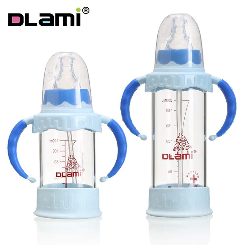 DLami防摔防胀气玻璃奶瓶 200ML母乳实感带手柄吸管防呛吐奶壶