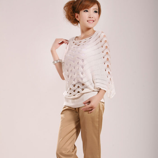 2011新款韩版女装原单薄秋季蝙蝠衫宽松短袖镂空罩衫针织衫外套